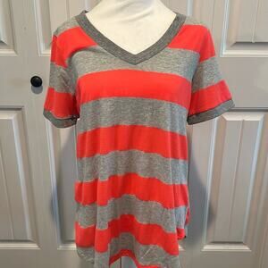 Honeyme‎ Medium Coral/Gray Striped Rugby Short Sleeve Tee